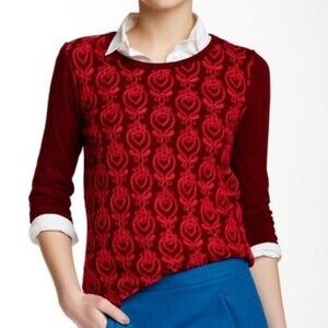 J. Crew Top Maroon Red Embroidery Preppy 3/4 Sleeve Knit Stretch Blouse Shirt